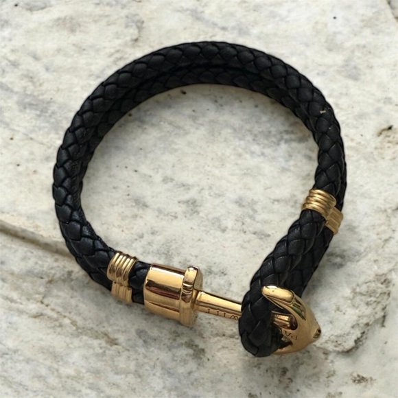 Gold and Black Braided Leather Bracelet -  Anchor Clasp - Picture 2 of 3